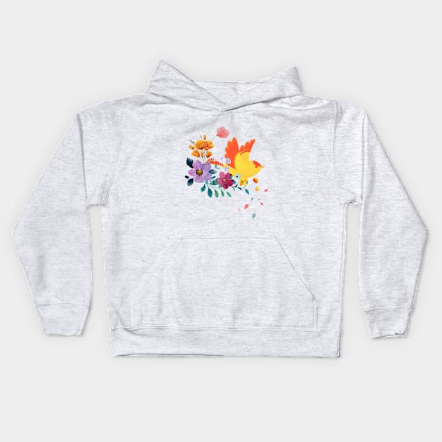 blooming flowers and orange color bird colorful art Kids Hoodie by WARNAWALIYA “The Gallery of Imagination”